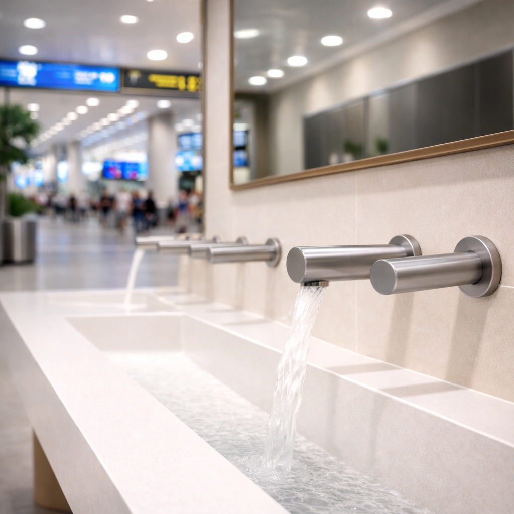 Architectural close-up of wall-mounted commercial touchless faucet in airport restroom